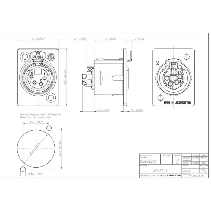 Neutrik NC4FP-1 4 Pin XLR Female Receptacle Drawing