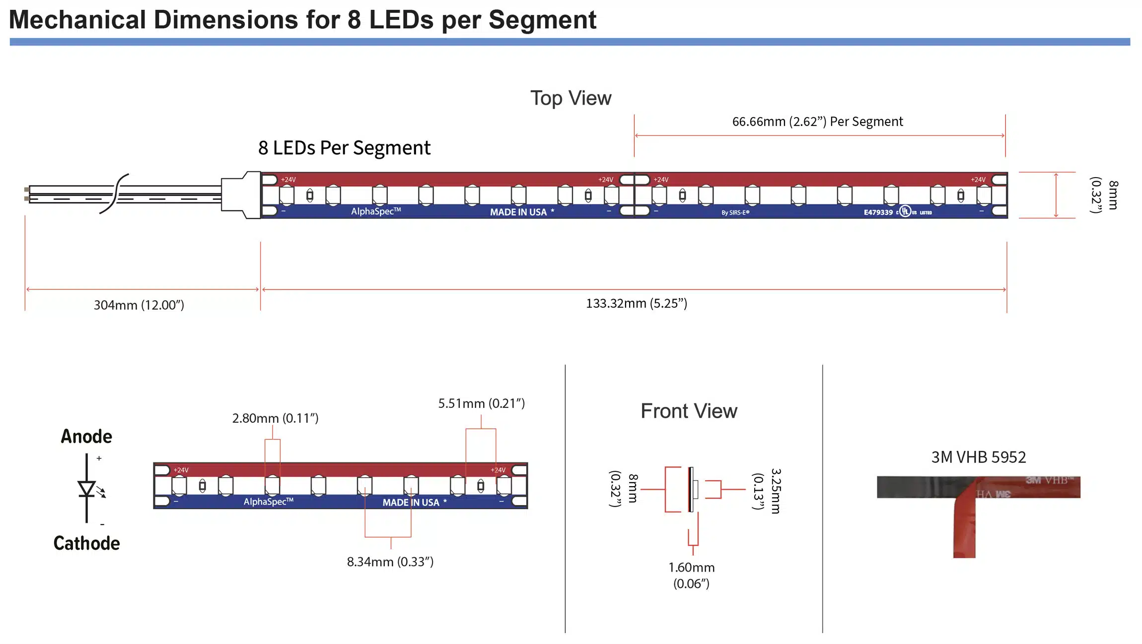 Mechanical Dimensions for AlphaSpec 120 LED Tape 8 LEDs