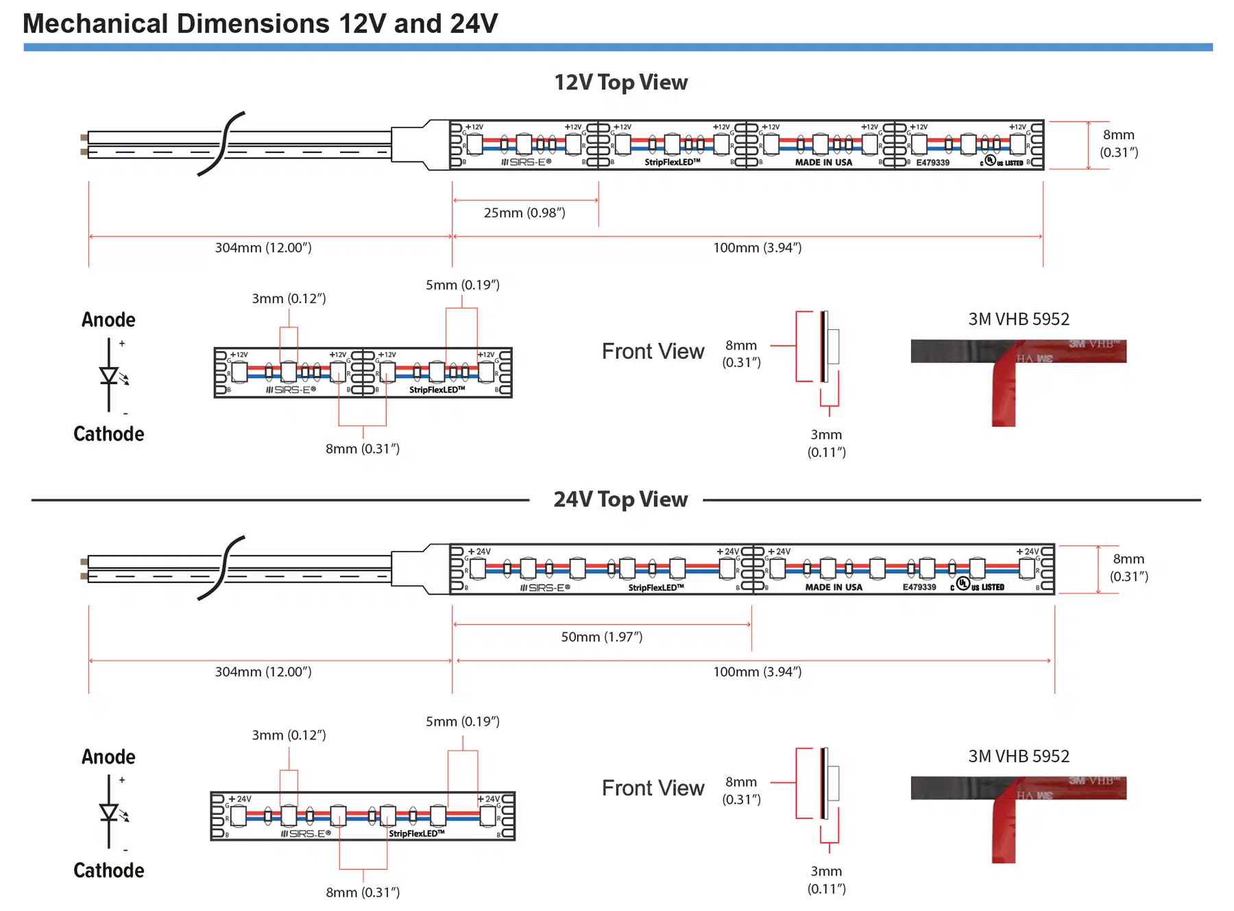 StripFlexLED RGB Mechanical Dimensions 12V and 24V